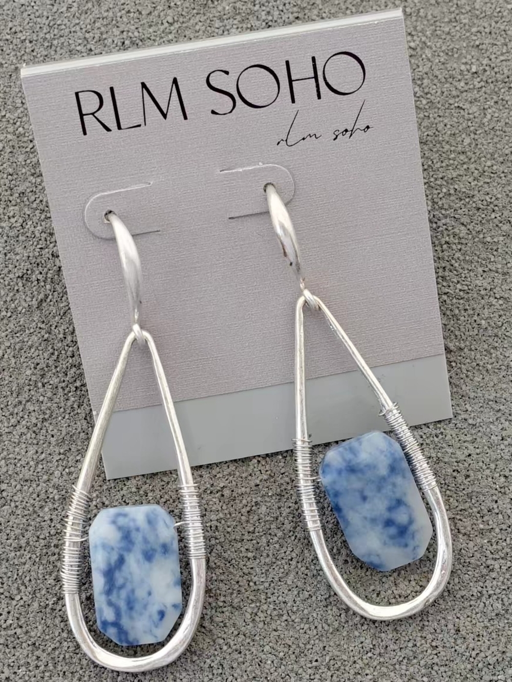 Silver Drop Earrings with Blue Marbled Stone